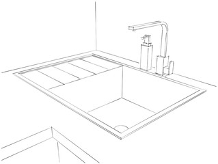 Kitchen sink, tap and liquid soap bottle. Sketch drawing.