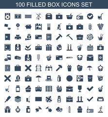 box icons. Set of 100 filled box icons included no standing nearby, radio, gift, cargo, sweet box, hummer, medical bottle on white background. Editable box icons for web, mobile and infographics.