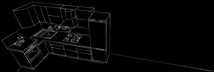 Sketch drawing of modern L-shape corner kitchen interior on black long background. Top view. Web design template.