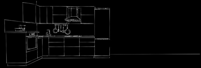 Abstract layout illustration of contemporary L-shape corner kitchen interior on black long background. Web design template.