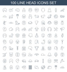 head icons. Set of 100 line head icons included woman hat, coloring brush, dancing emoji, woman hairstyle, hair curler on white background. Editable head icons for web, mobile and infographics.