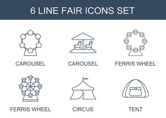 fair icons. Set of 6 line fair icons included carousel, Ferris wheel, circus, tent on white background. Editable fair icons for web, mobile and infographics.