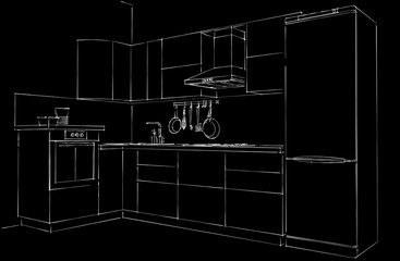 Sketch of L-shape modern kitchen. White lines on a black background...