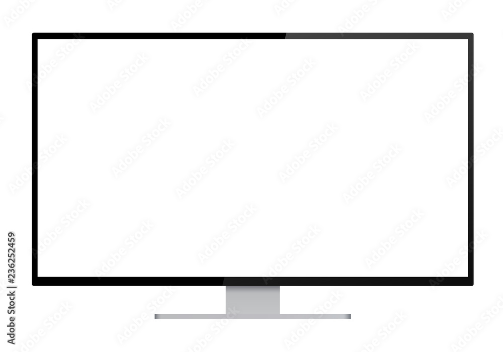 Poster realistic illustration of black computer monitor with silver stand and blank white isolated screen w