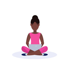 african american woman sitting pose using laptop isolated female faceless cartoon character flat