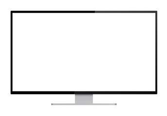 Realistic illustration of black computer monitor with silver stand and blank white isolated screen with space for your text or image - isolated on white background - obrazy, fototapety, plakaty