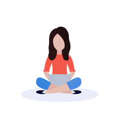 Obraz premium woman sitting pose using laptop isolated female faceless cartoon character flat vector illustration