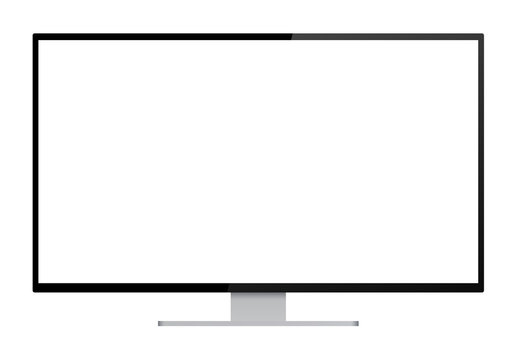 Realistic illustration of black computer monitor with silver stand and blank white isolated screen with space for your text or image - isolated on white background