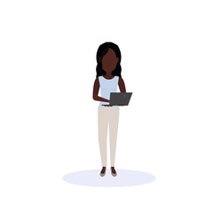 african american woman using laptop standing pose isolated faceless silhouette female cartoon character full length flat vector illustration