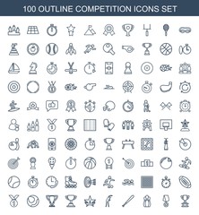 competition icons. Set of 100 outline competition icons included trophy, medal with star, bowling, baseball bat on white background. Editable competition icons for web, mobile and infographics.