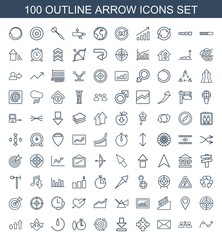 arrow icons. Set of 100 outline arrow icons included graph, communication, mail, move, download, gear rotate on white background. Editable arrow icons for web, mobile and infographics.