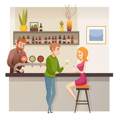 Young Couple Date in Restaurant Bar or Pub Vector