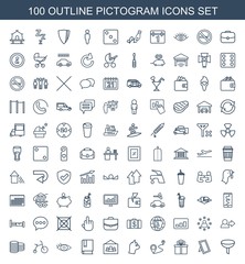 pictogram icons. Set of 100 outline pictogram icons included filter, photo, gift, distance, cat, book, eye on white background. Editable pictogram icons for web, mobile and infographics.