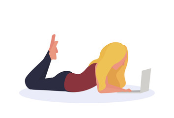 blonde woman using laptop lying pose isolated faceless profile silhouette female cartoon character full length flat