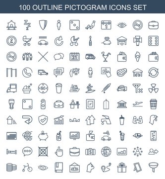 pictogram icons. Set of 100 outline pictogram icons included filter, photo, gift, distance, cat, book, eye on white background. Editable pictogram icons for web, mobile and infographics.
