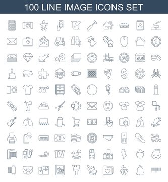 image icons. Set of 100 line image icons included barcode, bell, CD fire, folder with heart, hippopotamus, paint brush on white background. Editable image icons for web, mobile and infographics.