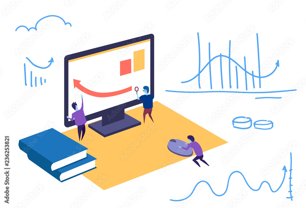 Poster financial graph arrow up people working together monitoring using magnifier teamwork concept sketch 