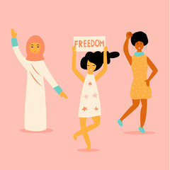 Vector illustration of three protesting women