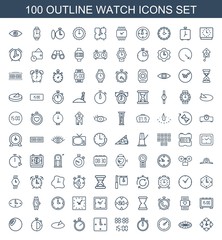 watch icons. Set of 100 outline watch icons included wall clock, sundial, clock, stopwatch, digital time, digital clock on white background. Editable watch icons for web, mobile and infographics.