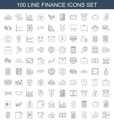 Obraz premium finance icons. Set of 100 line finance icons included calculator, money on hand, euro, calclator, money, dolar growth on white background. Editable finance icons for web, mobile and infographics.