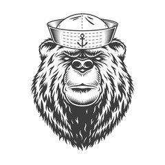 Mariner bear head wearing sailor hat - obrazy, fototapety, plakaty