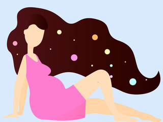 Pregnant girl in dress sits and rests. Flat vector illustration