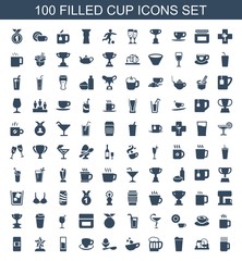 cup icons. Set of 100 filled cup icons included mug, baby toy, drink, beer mug, cup with heart, boiled egg, coffee cup on white background. Editable cup icons for web, mobile and infographics.