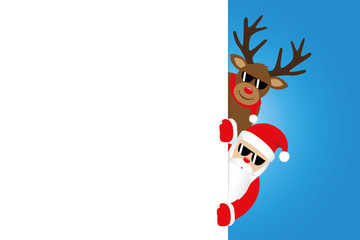 cool santa and reindeer with sunglasses christmas cartoon white banner for copy space vector illustration EPS10