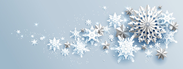 Facebook Web Banner Social Media template. Shine winter decoration with snowflakes, stars and balls.