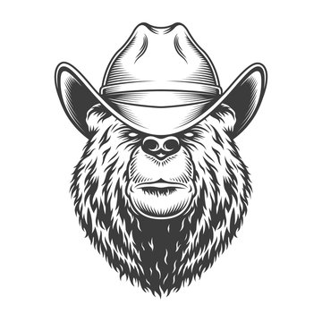 Vintage bear head in cowboy hat