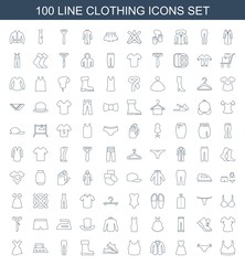 clothing icons. Set of 100 line clothing icons included sport bra, panties, dress, jacket, man shoe, boot on white background. Editable clothing icons for web, mobile and infographics.