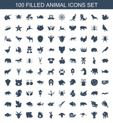 animal icons. Set of 100 filled animal icons included buffalo, cow, kangaroo, snail, goat, rabbit, extinct sea creature on white background. Editable animal icons for web, mobile and infographics.