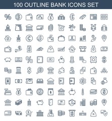 bank icons. Set of 100 outline bank icons included card protection, sack, builidng, money in atm, Coin, building on white background. Editable bank icons for web, mobile and infographics.
