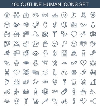 human icons. Set of 100 outline human icons included structure, heart with cross, woman, bicycle, dental care on white background. Editable human icons for web, mobile and infographics.