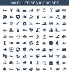 sea icons. Set of 100 filled sea icons included dolphin, octopus, crab, ship, shell, man swim wear, seal, sailboat on white background. Editable sea icons for web, mobile and infographics.