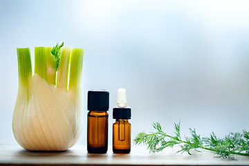 Fennel aroma essential oil in bottles