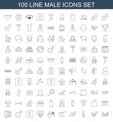 Fototapeta na wymiar male icons. Set of 100 line male icons included family, male and female, underpants, running, cow, man working at the table on white background. Editable male icons for web, mobile and infographics.