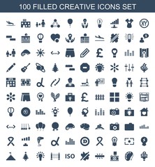 Fototapeta premium creative icons. Set of 100 filled creative icons included bouquet flower, palette, camera, no wash, ISO on white background. Editable creative icons for web, mobile and infographics.