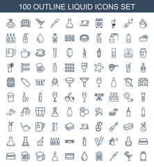 liquid icons. Set of 100 outline liquid icons included canister, cocktail, pipette, sponge, water drop, spa bag on white background. Editable liquid icons for web, mobile and infographics.