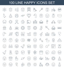 happy icons. Set of 100 line happy icons included Casino girl, smiling emot, emoji, old woman and child, sun on white background. Editable happy icons for web, mobile and infographics.