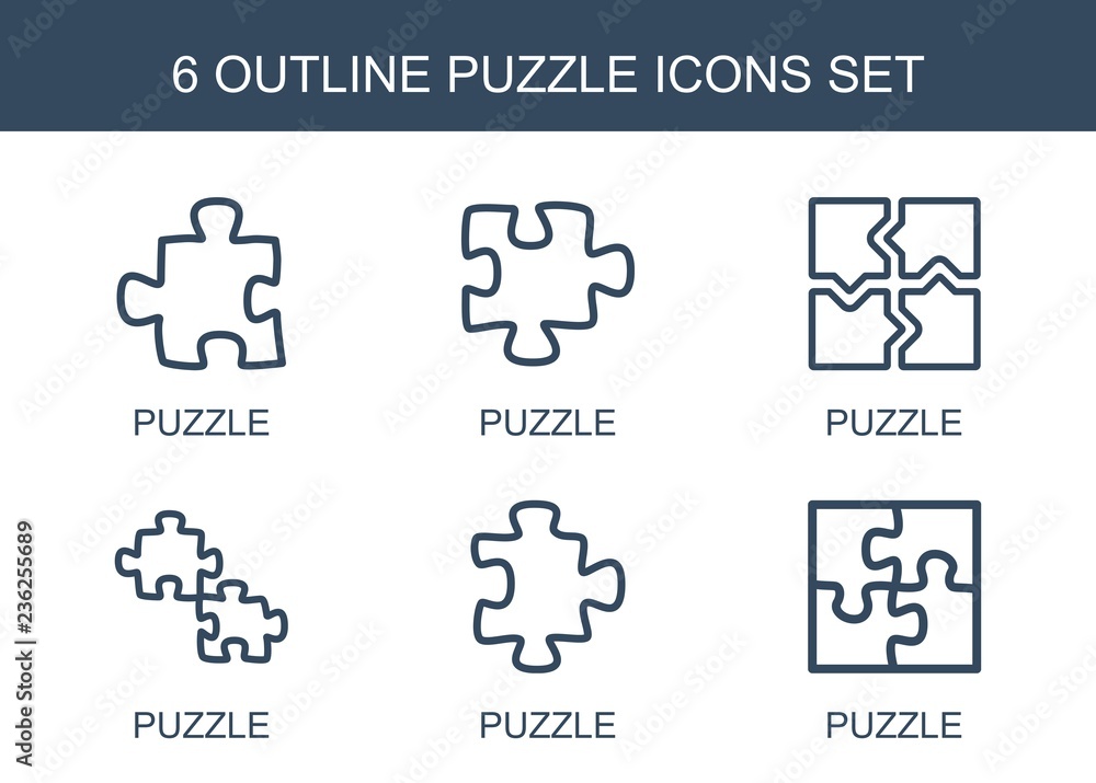 Poster puzzle icons. set of 6 outline puzzle icons on white background. editable puzzle icons for web, mobi