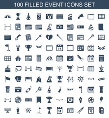 event icons. Set of 100 filled event icons included news, th date calendar, fireworks, calendar, date calendar on white background. Editable event icons for web, mobile and infographics.