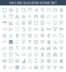 success icons. Set of 100 line success icons included Money, man with flags, target, check list, Coin, auction hummer on white background. Editable success icons for web, mobile and infographics.