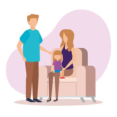 parents couple with daughter in the sofa