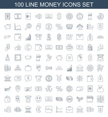 Fototapeta na wymiar money icons. Set of 100 line money icons included dollar, bank, case, graph, line chart, euro, Coin, Casino bet on white background. Editable money icons for web, mobile and infographics.