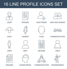 profile icons. Set of 16 line profile icons included user, resume, add friend, man and woman, goat, woman on white background. Editable profile icons for web, mobile and infographics.