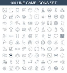 Fototapeta na wymiar game icons. Set of 100 line game icons included paintball, dart, gloves, target, baby toy, sligshot, Casino chip and money on white background. Editable game icons for web, mobile and infographics.