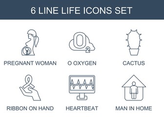 life icons. Set of 6 line life icons included pregnant woman, O oxygen, cactus, ribbon on hand, heartbeat, man in home on white background. Editable life icons for web, mobile and infographics.