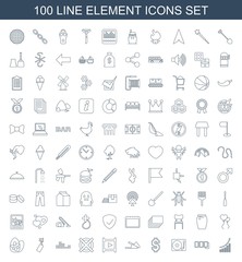 element icons. Set of 100 line element icons included graph, push button, gramophone, dollar, slippers, play on white background. Editable element icons for web, mobile and infographics.