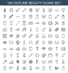 beauty icons. Set of 100 outline beauty icons included dress, flower, dancing woman, love, butterfly, woman pants on white background. Editable beauty icons for web, mobile and infographics.